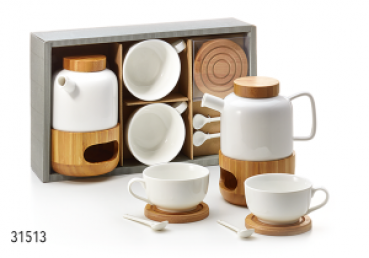 Tee-Set Thijs" Porzellan, mit je 2 Cups, Löffeln, Untersetzer und Stövchen aus Bambus"